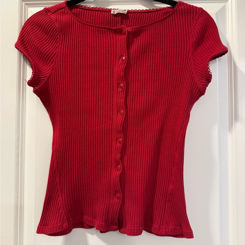 Free People Red Ribbed Button-Front Short Sleeve Top